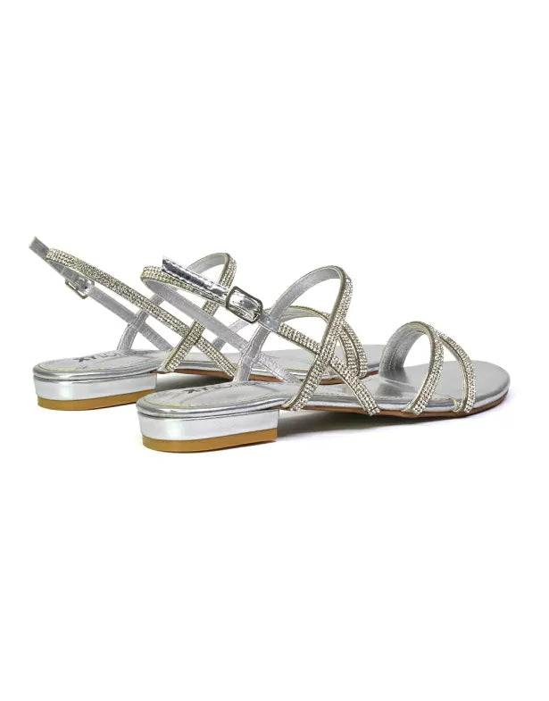 silver diamante flat sandals