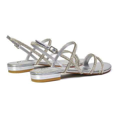 Orla Buckle Strappy Summer Sparkly Flat Diamante Sandals Bridal Flats in Black