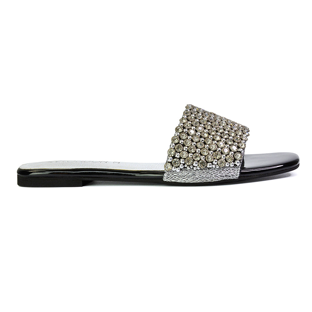 Daisy-Jones Slip On Slider Diamante Flat Sandals With Square Toe in Silver