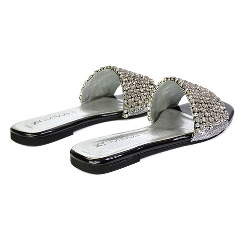 Daisy-Jones Slip On Slider Diamante Flat Sandals With Square Toe in Silver