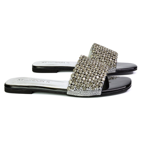 Daisy-Jones Slip On Slider Diamante Flat Sandals With Square Toe in Silver