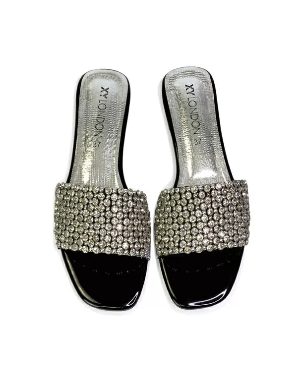 Daisy-Jones Slip On Slider Diamante Flat Sandals With Square Toe in Silver