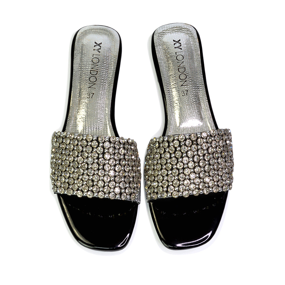 Daisy-Jones Slip On Slider Diamante Flat Sandals With Square Toe in Silver