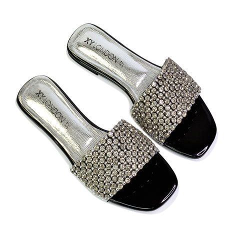 Daisy-Jones Slip On Slider Diamante Flat Sandals With Square Toe in Gold