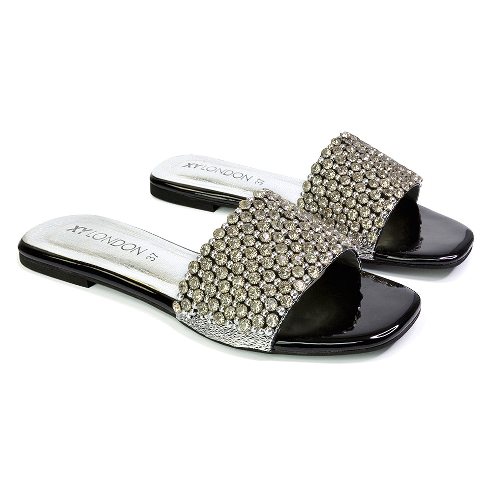 Daisy-Jones Slip On Slider Diamante Flat Sandals With Square Toe in Silver