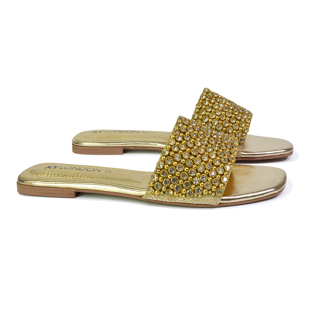 Daisy-Jones Slip On Slider Diamante Flat Sandals With Square Toe in Silver