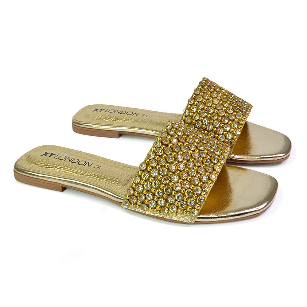 Daisy-Jones Slip On Slider Diamante Flat Sandals With Square Toe in Pink