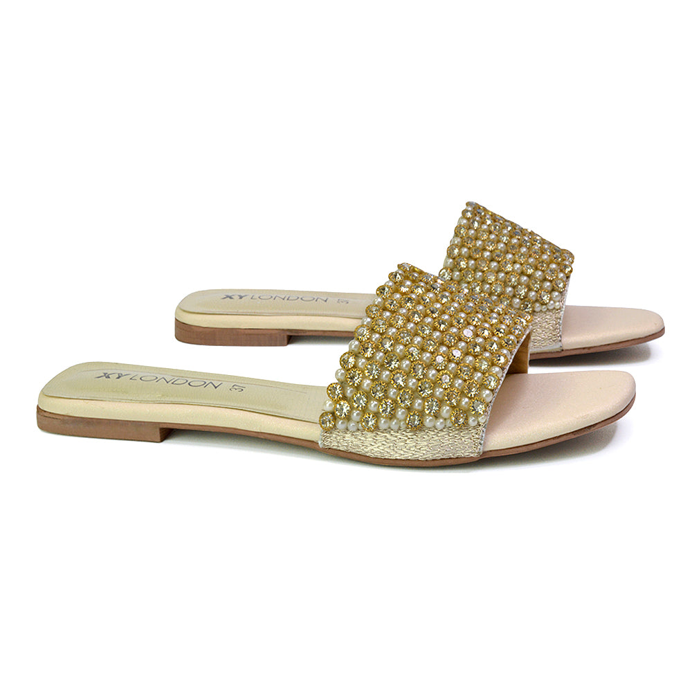 Daisy-Jones Slip On Slider Diamante Flat Sandals With Square Toe in Pink