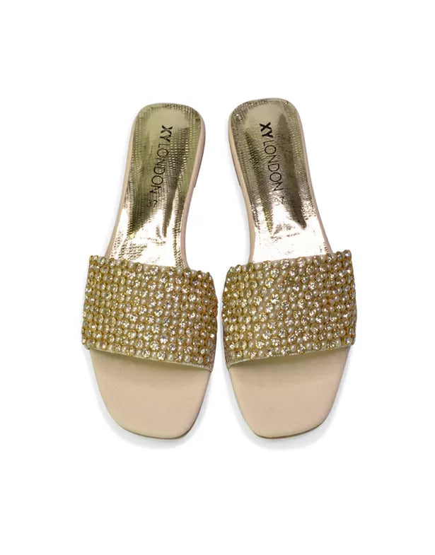 Daisy-Jones Slip On Slider Diamante Flat Sandals With Square Toe in Silver