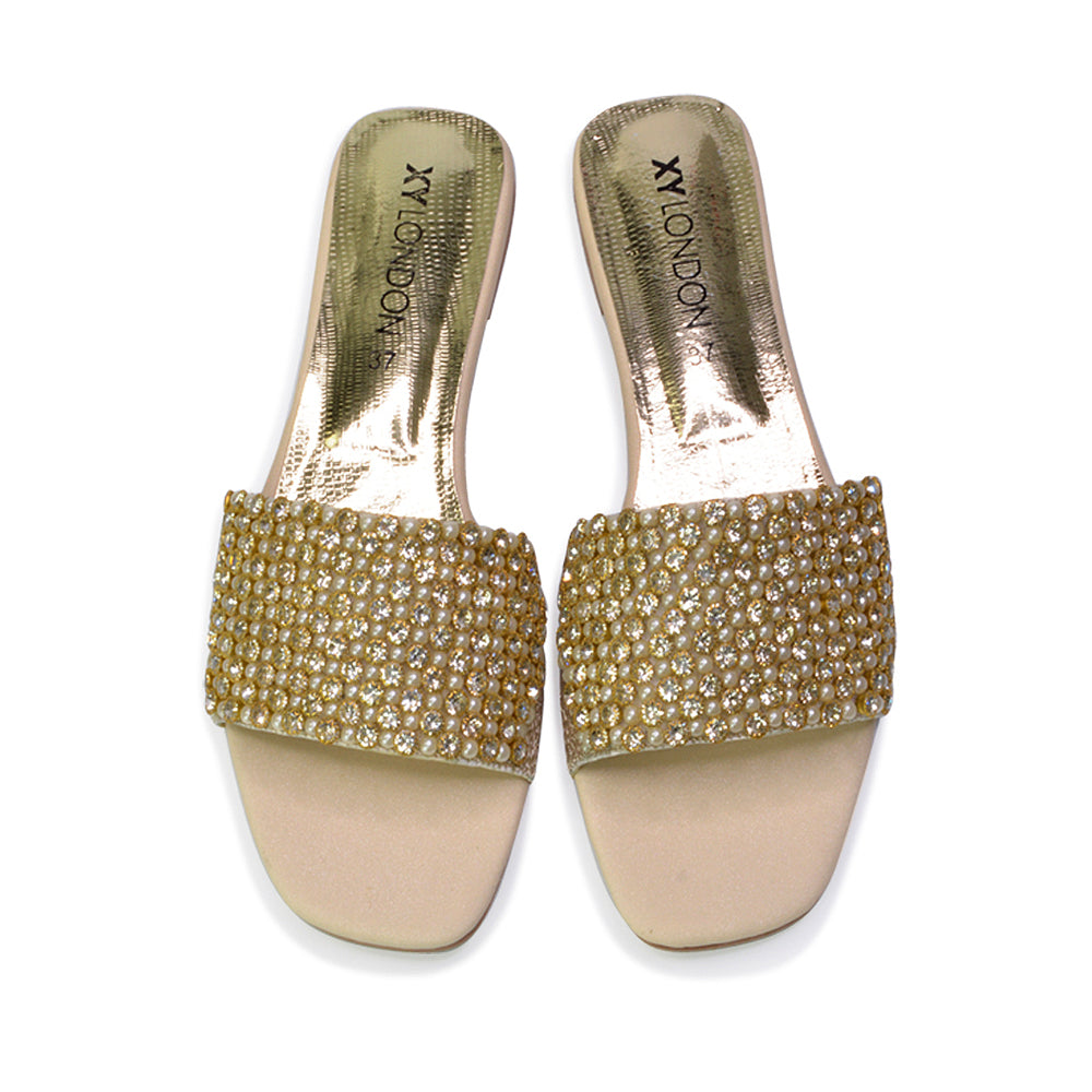 Daisy-Jones Slip On Slider Diamante Flat Sandals With Square Toe in Silver