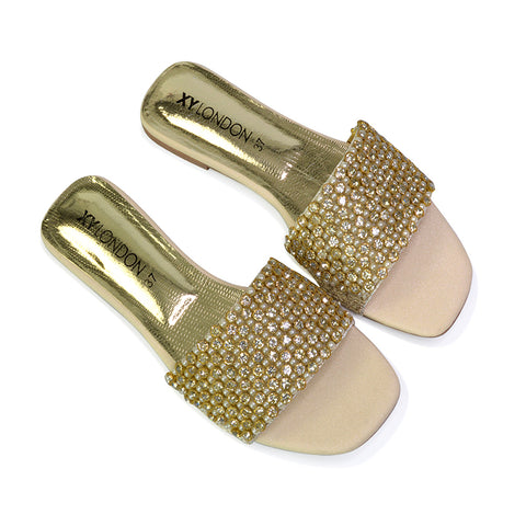 Daisy-Jones Slip On Slider Diamante Flat Sandals With Square Toe in Silver