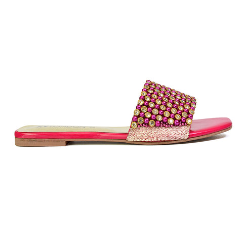 Daisy-Jones Slip On Slider Diamante Flat Sandals With Square Toe in Pink