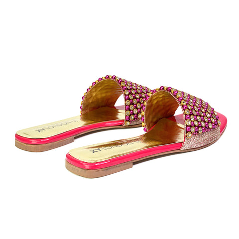 Daisy-Jones Slip On Slider Diamante Flat Sandals With Square Toe in Pink