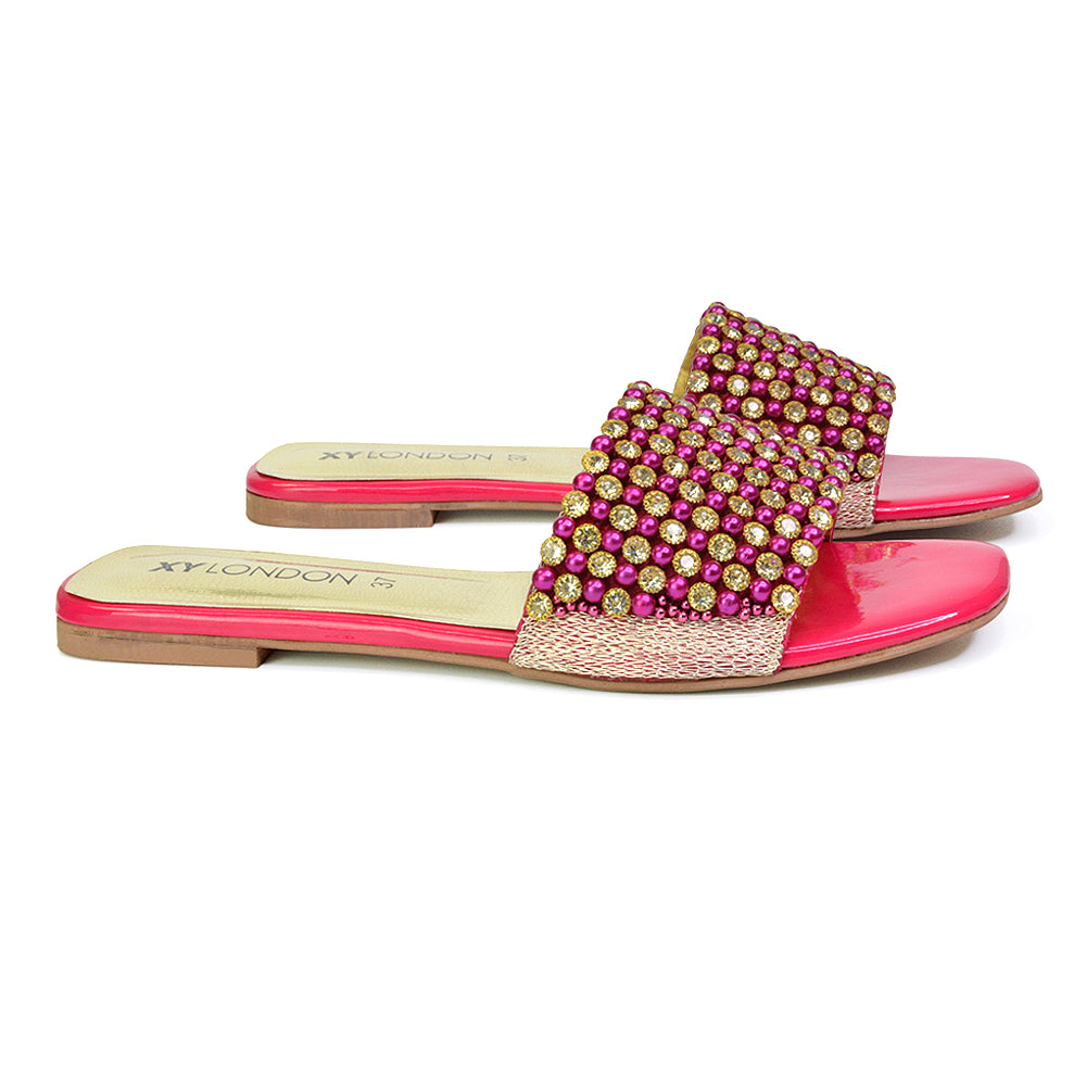 Daisy-Jones Slip On Slider Diamante Flat Sandals With Square Toe in Pink