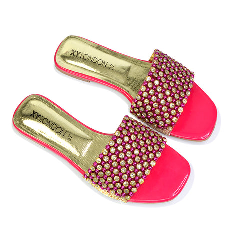 Daisy-Jones Slip On Slider Diamante Flat Sandals With Square Toe in Pink