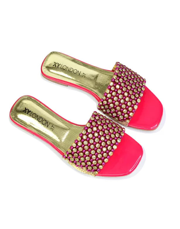 Daisy-Jones Slip On Slider Diamante Flat Sandals With Square Toe in Pink