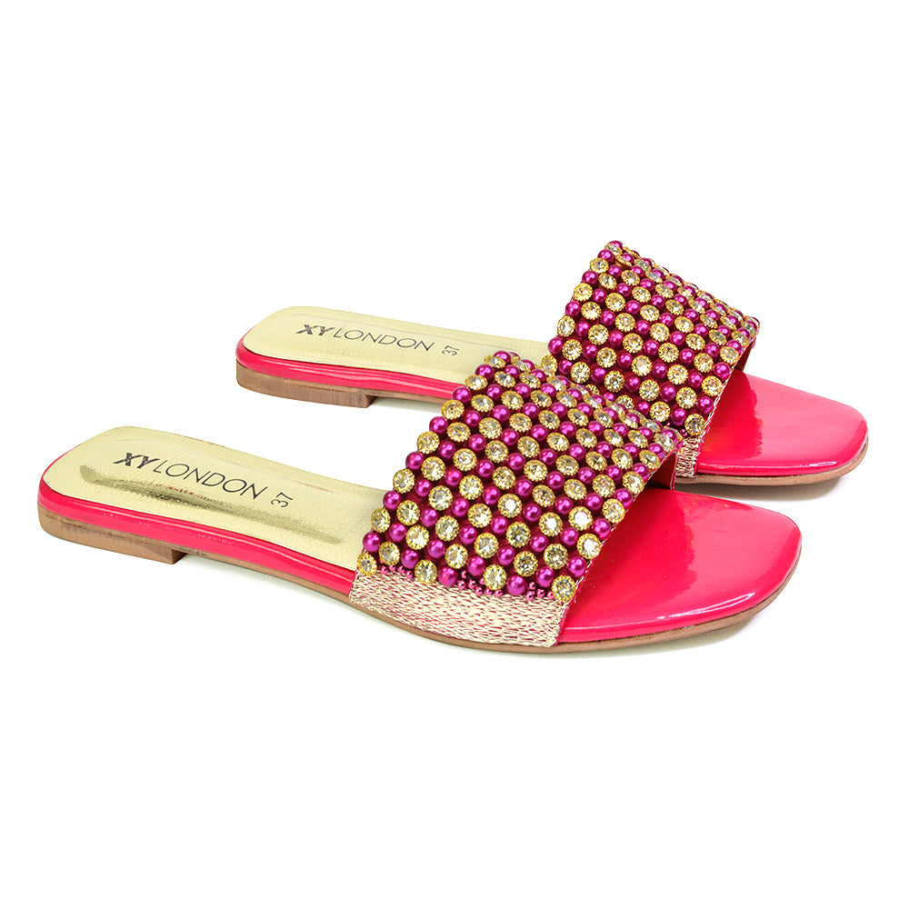 Daisy-Jones Slip On Slider Diamante Flat Sandals With Square Toe in Pink