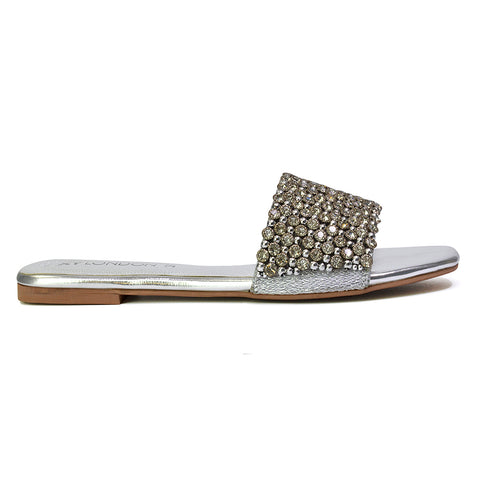 Daisy-Jones Slip On Slider Diamante Flat Sandals With Square Toe in Pink