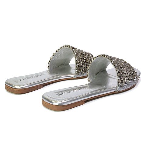 Daisy-Jones Slip On Slider Diamante Flat Sandals With Square Toe in Silver