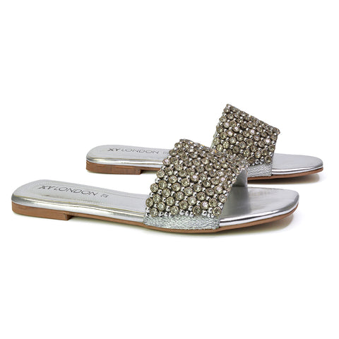 Daisy-Jones Slip On Slider Diamante Flat Sandals With Square Toe in Gold