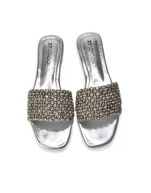 Daisy-Jones Slip On Slider Diamante Flat Sandals With Square Toe in Silver