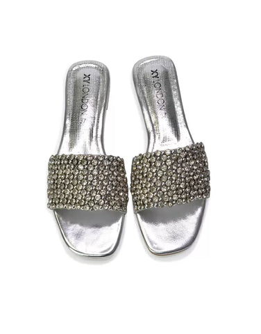 Daisy-Jones Slip On Slider Diamante Flat Sandals With Square Toe in Silver