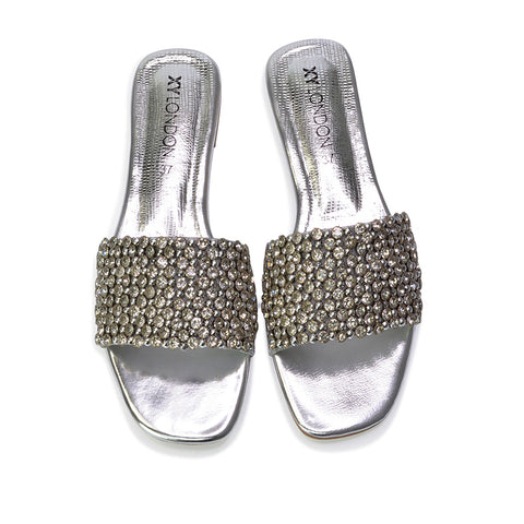 Daisy-Jones Slip On Slider Diamante Flat Sandals With Square Toe in Pink