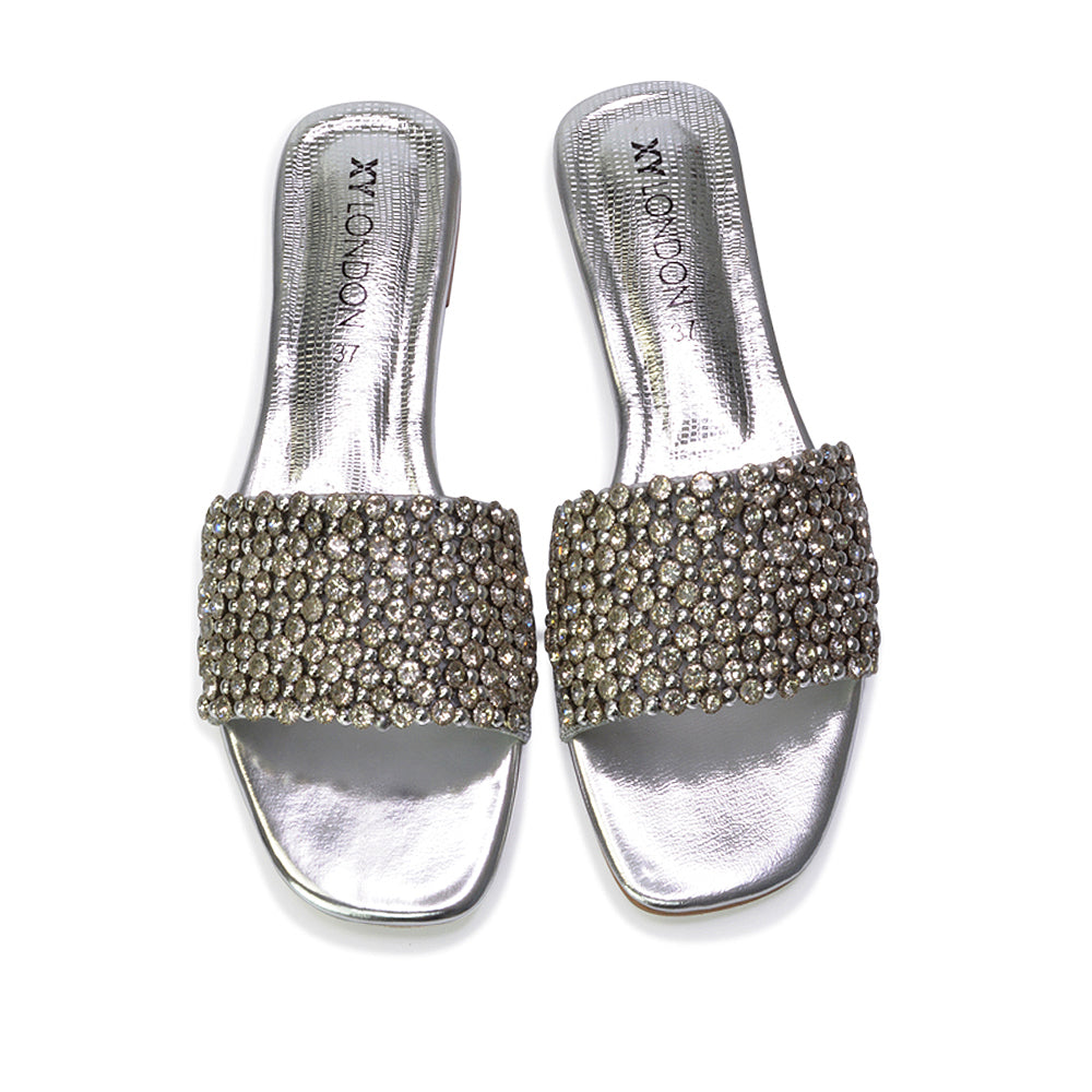 Daisy-Jones Slip On Slider Diamante Flat Sandals With Square Toe in Silver