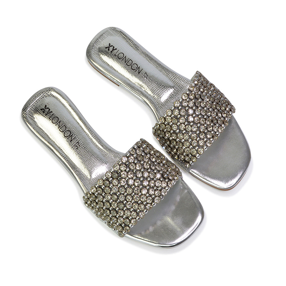Daisy-Jones Slip On Slider Diamante Flat Sandals With Square Toe in Silver