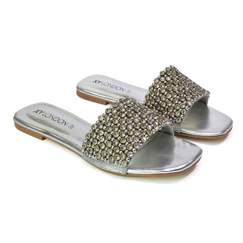 Daisy-Jones Slip On Slider Diamante Flat Sandals With Square Toe in Silver