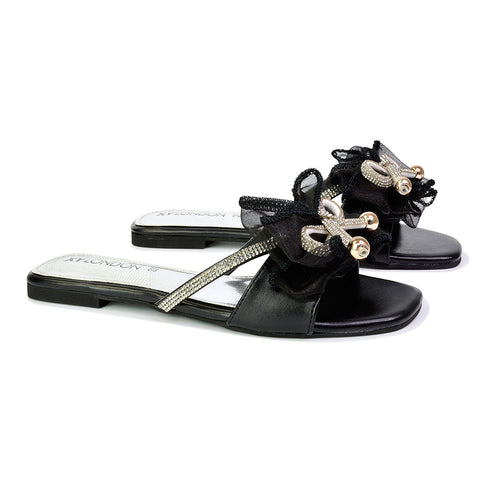 Zendaya Mesh Diamante Bow Flat Sandal Square Toe Bridal Shoes in Black