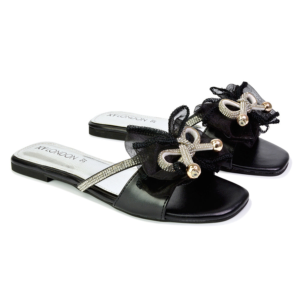 Zendaya Mesh Diamante Bow Flat Sandal Square Toe Bridal Shoes in Black