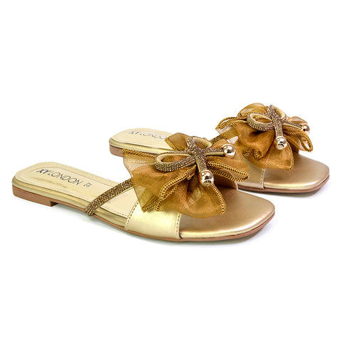 Zendaya Mesh Diamante Bow Flat Sandal Square Toe Bridal Shoes in Gold