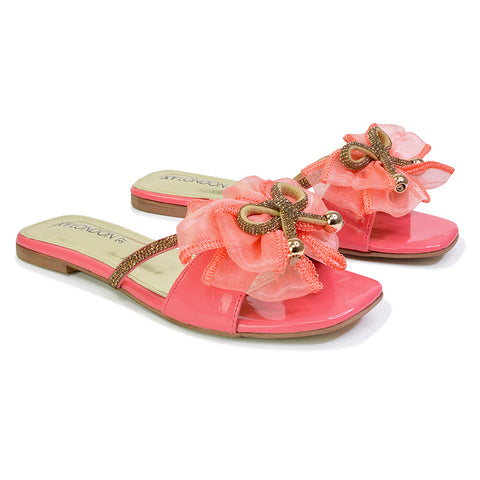 Zendaya Mesh Diamante Bow Flat Sandal Square Toe Bridal Shoes in Pink