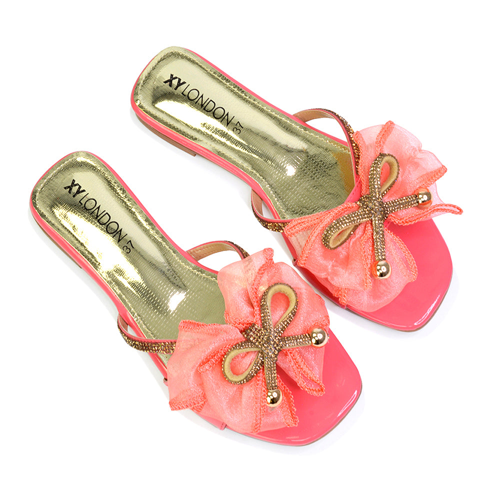 Zendaya Mesh Diamante Bow Flat Sandal Square Toe Bridal Shoes in Gold