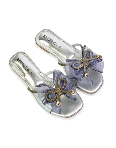Zendaya Mesh Diamante Bow Flat Sandal Square Toe Bridal Shoes in Silver