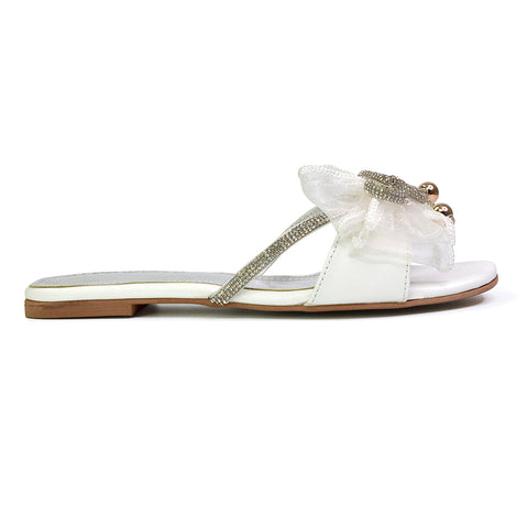 Zendaya Mesh Diamante Bow Flat Sandal Square Toe Bridal Shoes in Pink