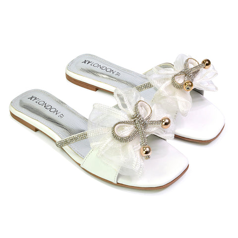 Zendaya Mesh Diamante Bow Flat Sandal Square Toe Bridal Shoes in White