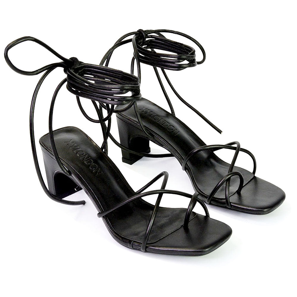 Atlas Lace Up Strappy Thin Mid Block Heel Square Toe Sandals in Black