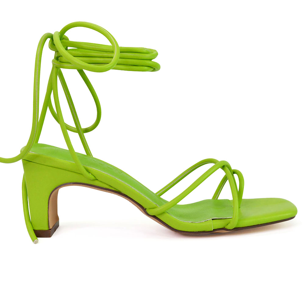Atlas Lace Up Strappy Thin Mid Block Heel Square Toe Sandals in Green