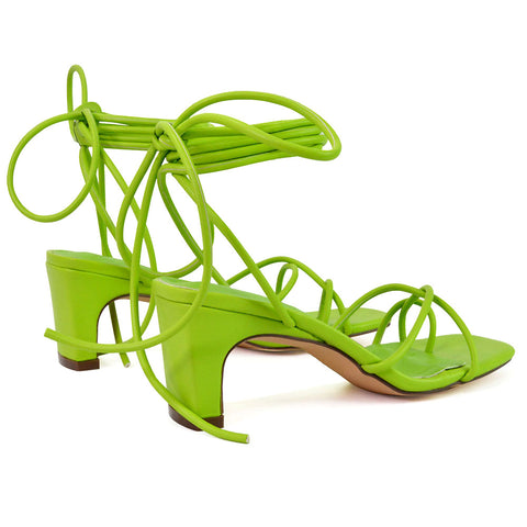 Atlas Lace Up Strappy Thin Mid Block Heel Square Toe Sandals in Green