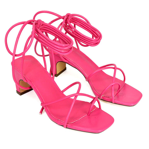 Atlas Lace Up Strappy Thin Mid Block Heel Square Toe Sandals in Pink