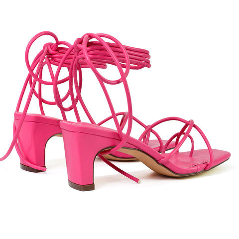 Atlas Lace Up Strappy Thin Mid Block Heel Square Toe Sandals in Pink