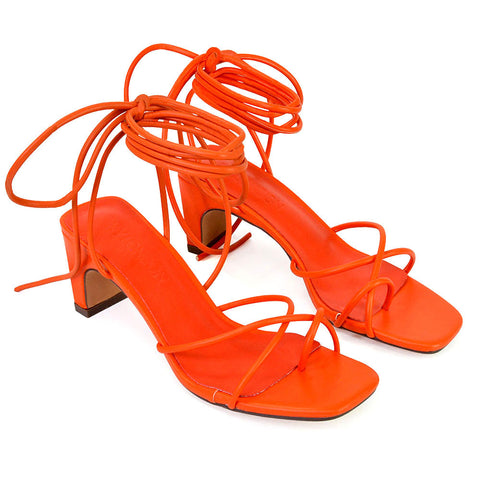 Atlas Lace Up Strappy Thin Mid Block Heel Square Toe Sandals in Orange