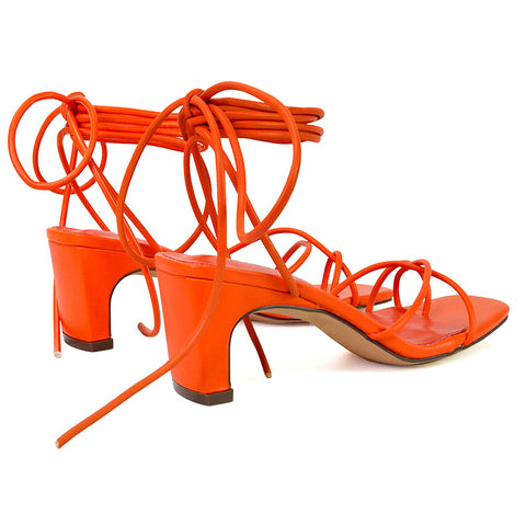 Atlas Lace Up Strappy Thin Mid Block Heel Square Toe Sandals in Orange
