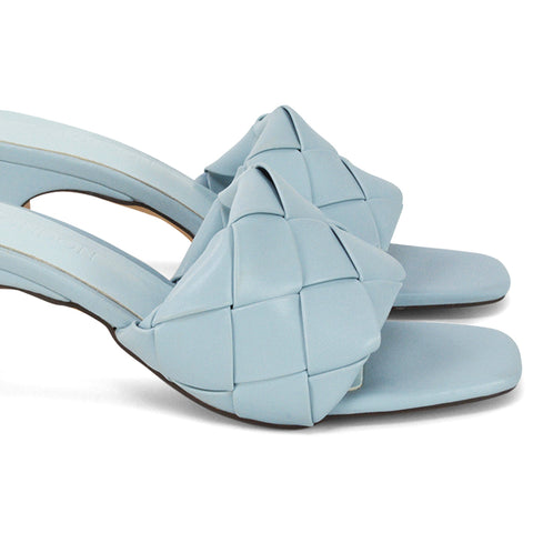 Alaska Woven Square Peep Toe Block Low Heeled Slip On Mule Sandals in Blue Synthetic Leather