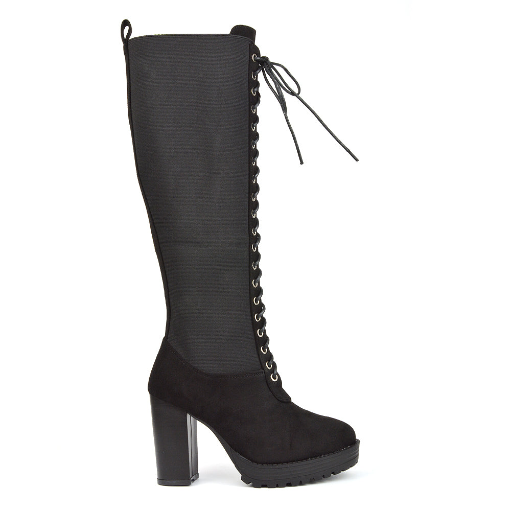 Flossie Lace Up Knee Boots Block Heel Biker Elasticated Calf In Black Faux Suede