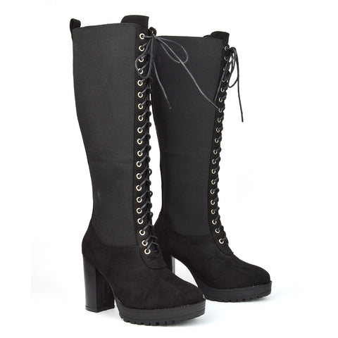 Black Knee High Lace Up Boots