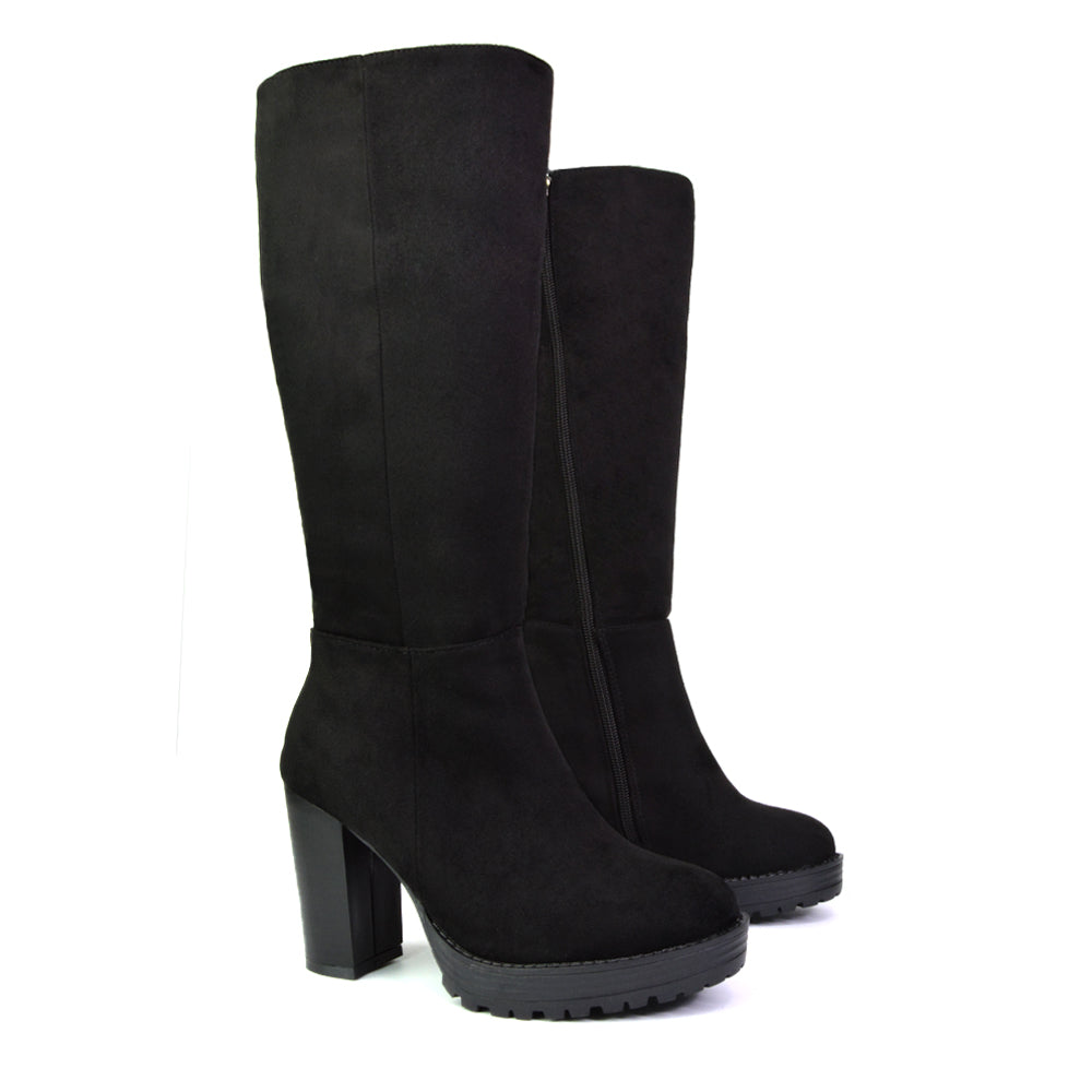 black high heel knee high boots