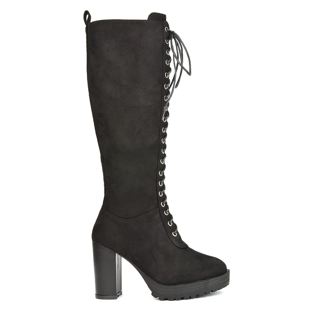 Ruthie Knee High Block Heel Lace Up Platform Boots in Black Synthetic Leather